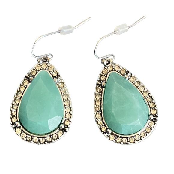 Silver Tone Faux Turquoise Rhinestone Drop Dangle Earring’s - Picture 1 of 3